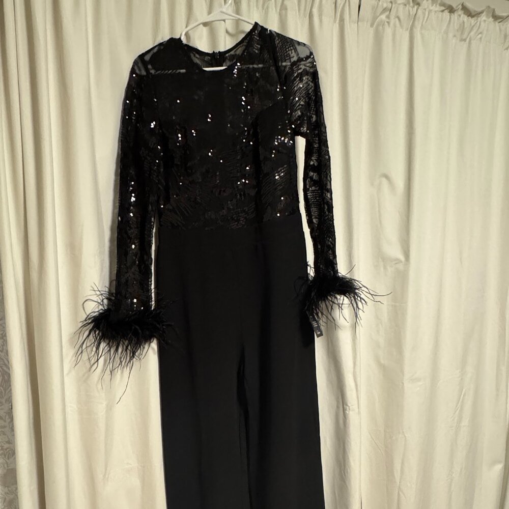 Lulus Limitless Radiance Black Sequin Feather Long Sleeve Jumpsuit
